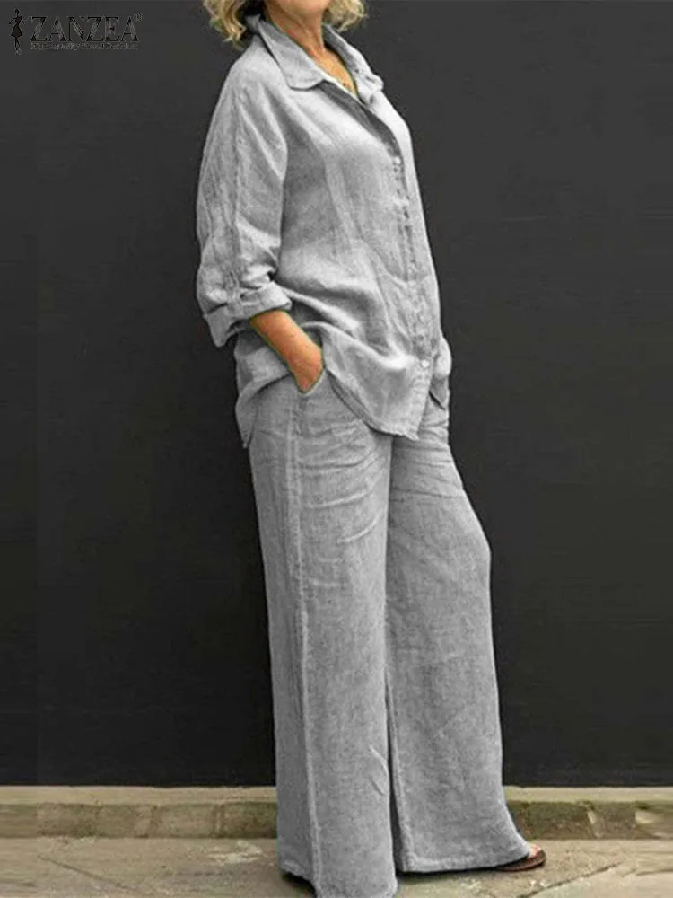 

ZANZEA 2023 Autumn Loose 2PCS Women Casual Sets Lapel Neck Long Sleeve Shirt Solid Elastic Waist Wide Leg Trousers Outfits Femme