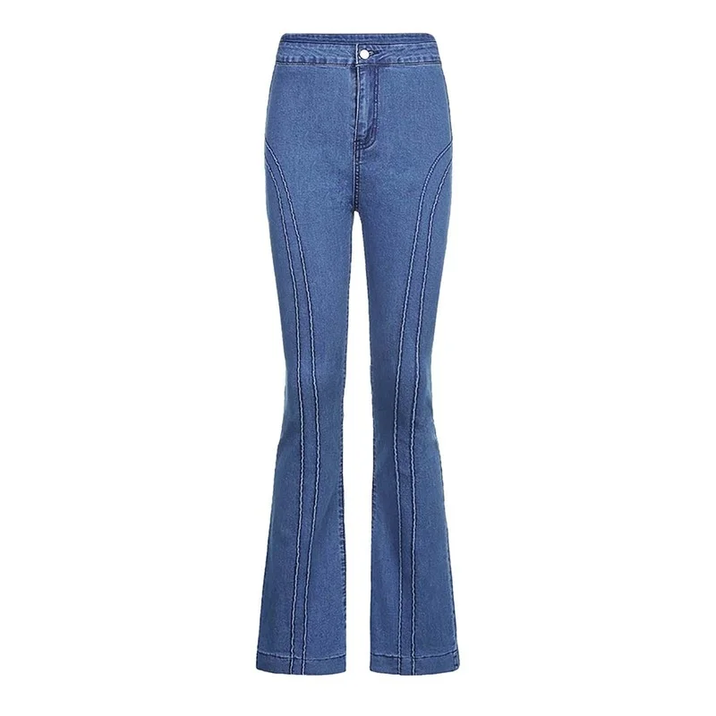 Vintage Denim Flare Pants Women Mid-waist Retro Stitching TrousersLadies Slim Pocket Wide Leg Jeans Female Solid Classic Pant