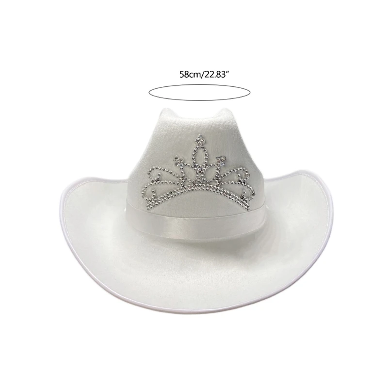 A0NF White Cowgirl Hats Cow Girl Hat with Rhinestones Crown Tiara Adjustable Strings Adult Size Cowboy Hat for Party images - 6