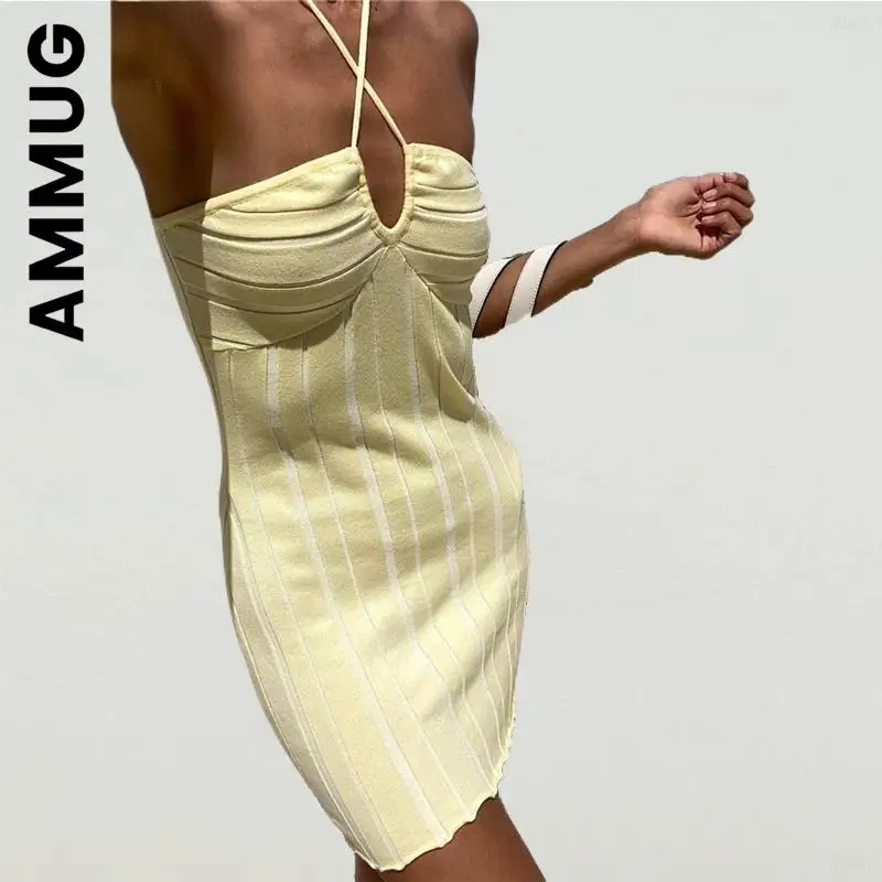 

Ammug Halter Women Dress Fashion Mini Dress Sexy Soft Streetwear Harajuku Elegant Robe Chic Tight Vestidos Female Women