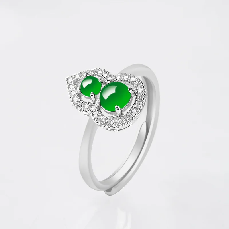 Natural Emerald Silver Inlaid Gourd Ring Carved Fashion Amulet Women Gifts Jade Jewelry Natural Gemstone Chinese Ring