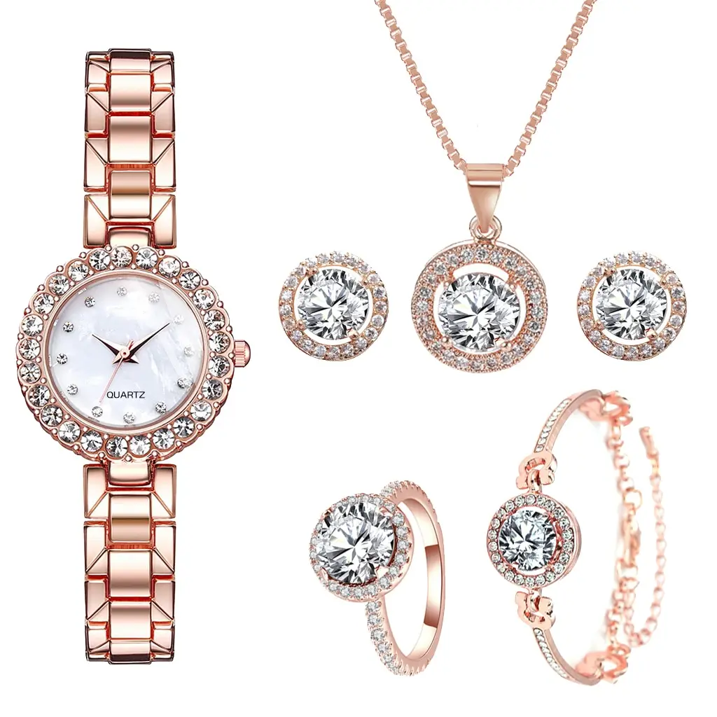6PCS Set Luxury Watch Women Ring Necklace Earrings Rhinestone Clock Fashion Wristwatch Female Casual Ladies Watches Bracelet