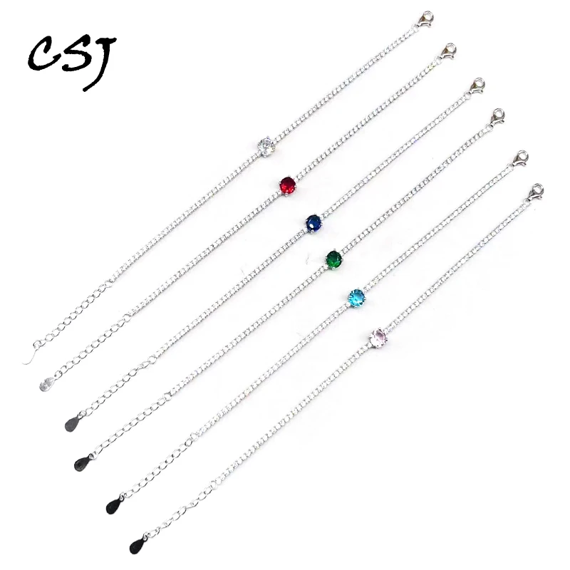 

CSJ, трендовые ювелирные изделия из Стерлингового Серебряный браслет для тенниса 925 пробы, CZ, камень по месяцу рождения, Круглый, 6 мм, ювелирные изделия в стиле хип-хоп для женщин, вечерние, для свадьбы