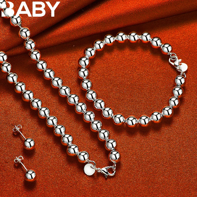 

925 Sterling Silver Charms 8mm Smooth Beads Necklaces Bracelets Earrings For Women Lady Wedding Gift Fashion Party Jewelry Sets