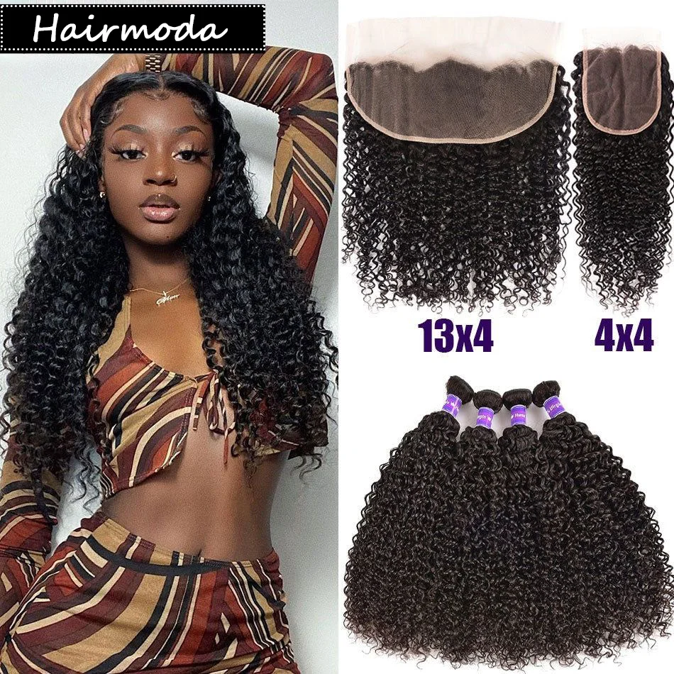 

Hairmoda Kinky Curly Bundles With Frontal Closure 13X4 Virgin Unprocessed Human Hair 4X4 Closure Natural Hair Extensions Indian