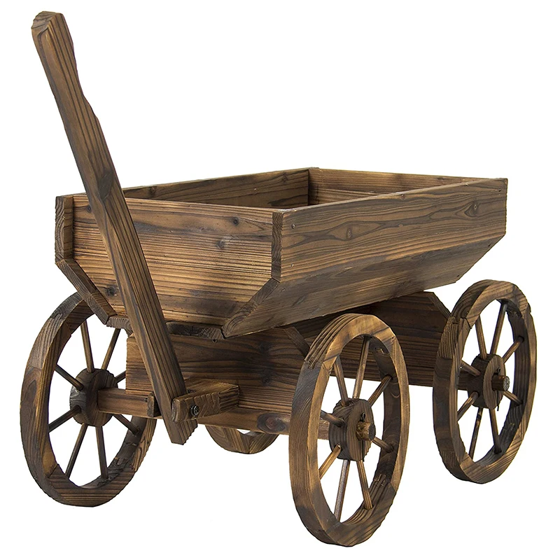 

Dark Brown Rustic Wooden Flower Cart Half Barrel Wagon with Wheel Home Garden Decor Planter