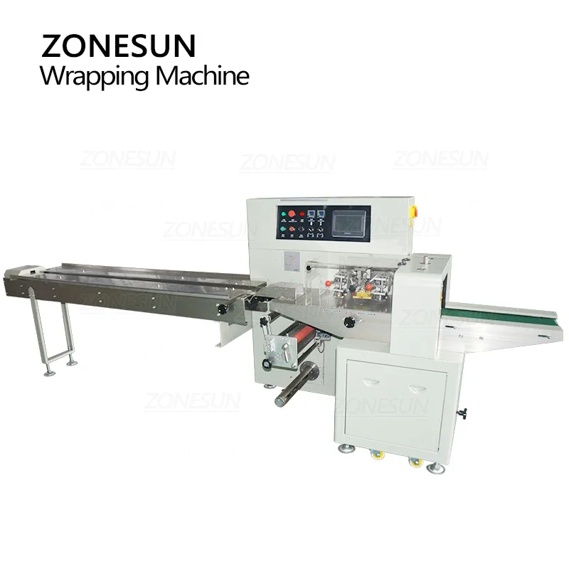 ZONESUN Horizontal Wrapping Packaging Machine Mask Biscuit Cake Candy Food Vegetable Plastic Bag Pouch Packing Production