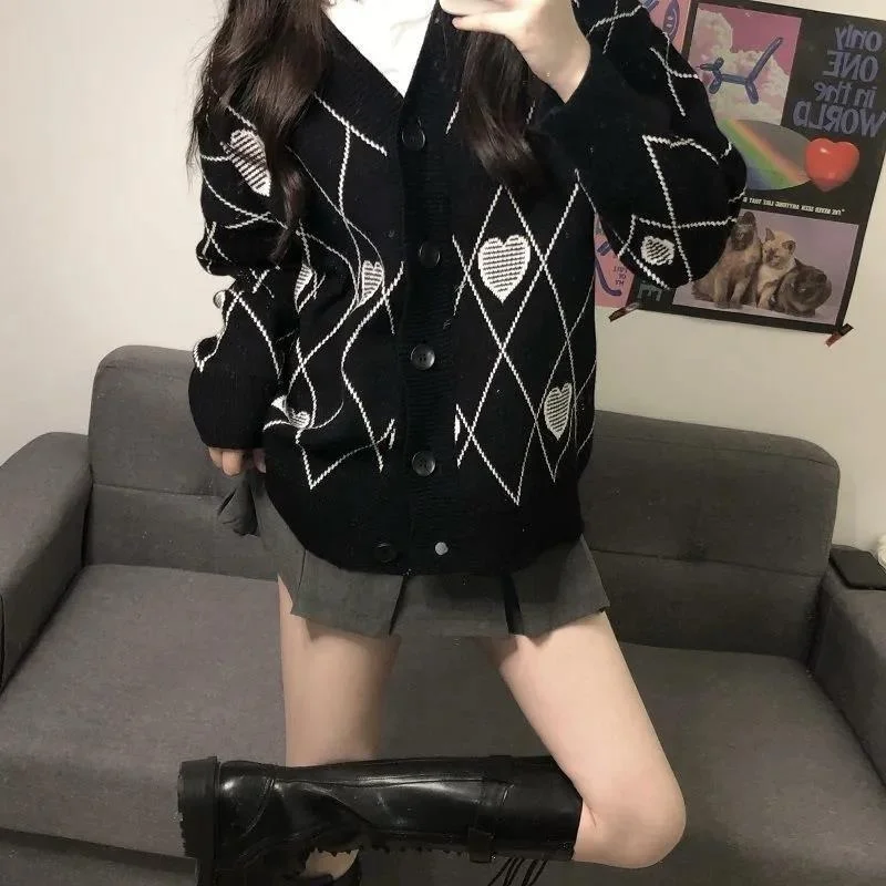 Women Knitted Cardigan Argyle Heart Pattern Jacquard Sweater Long Sleeve Love Style Coat 2021 Fall Winter Vintage Korean Tops images - 6