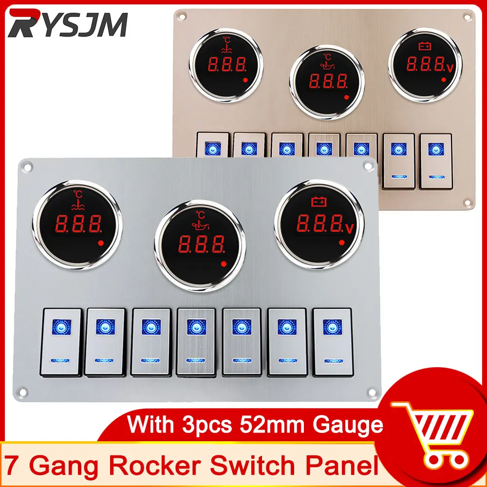 

HD Aluminum Switches Panel RV Marine Baot Voltmeter Oil Temperature Meter Water Temperature Gauge 7 Way Switch Control Panel