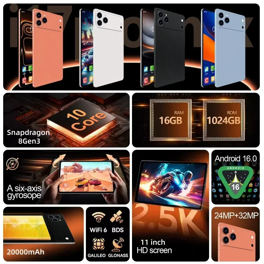 Фото Новейший планшет iPad 17Pro Max на Android 16, 22 ГБ + 2 ТБ, 20000 мАч, Snapdragon 8 Gen 3, 5G, Dual SIM, Wi-Fi, HD, MI Tab, оригинальный планшетный ПК №2