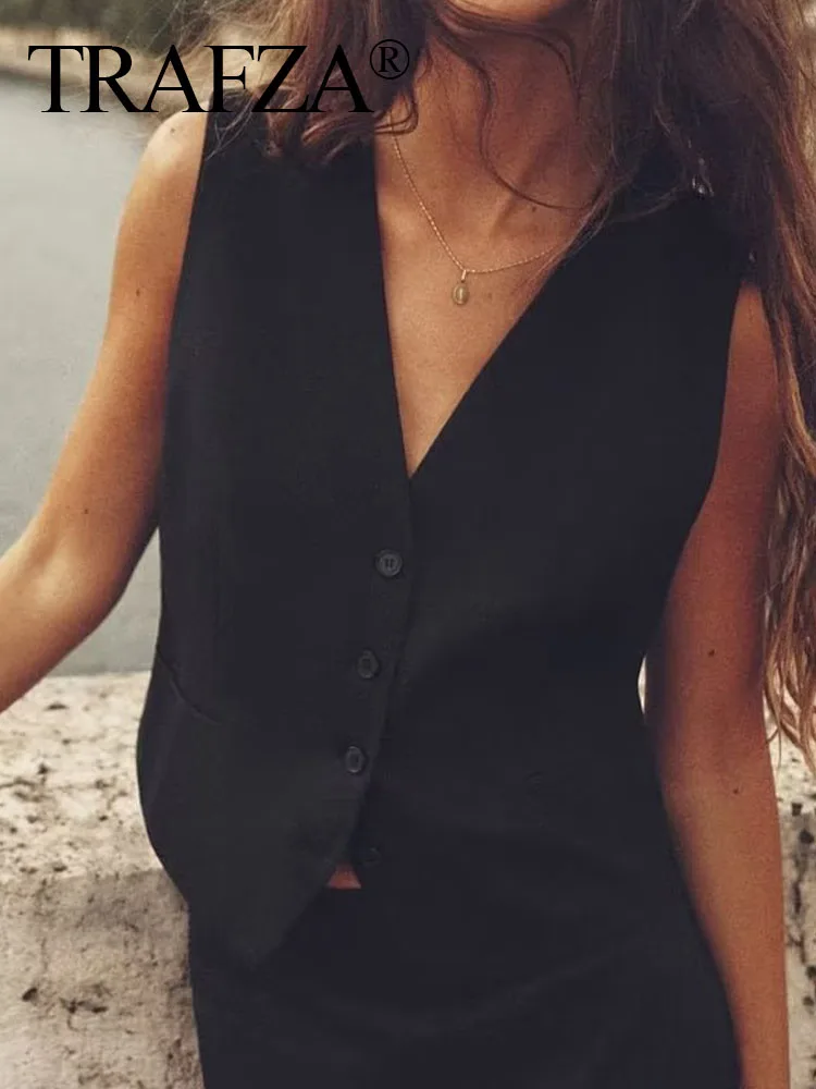 

Жилет женский хлопково-льняной однобортный с V-образным вырезом, без рукавов