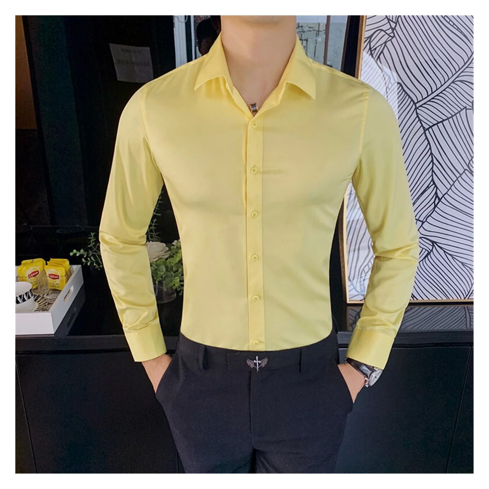 Xfh British Style New Solid Shirt Men Long Sleeve Fashion 2021 Autumn Business Formal Wear Men Shirts Slim Fit Casual Blouse