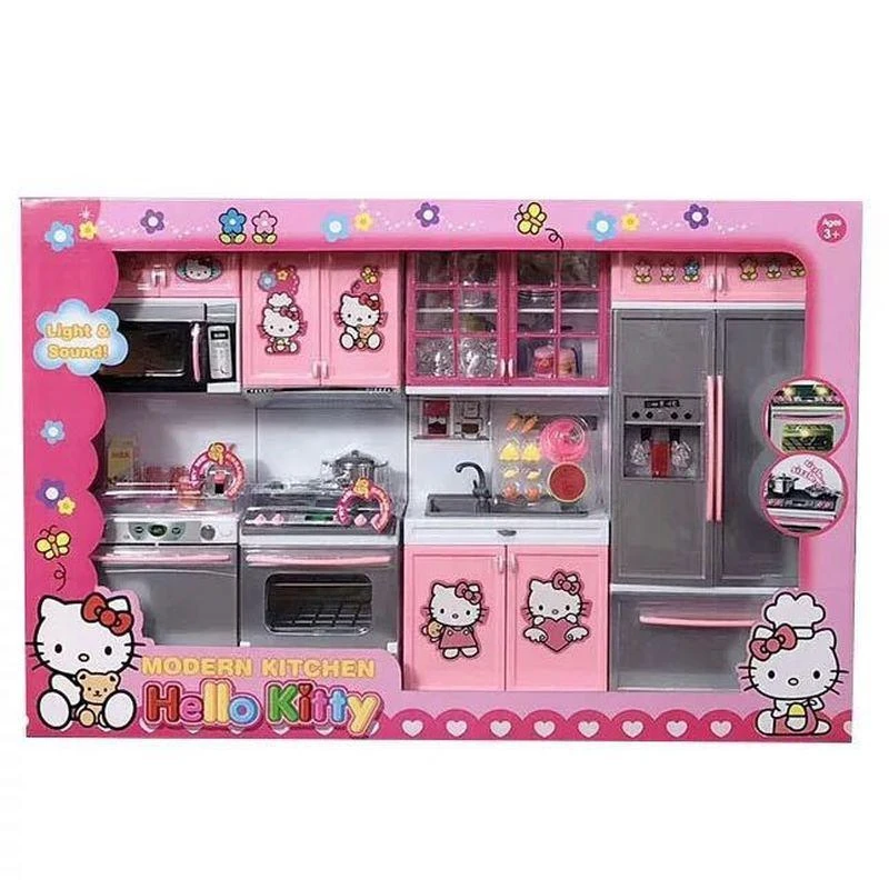 

Sanrio Kitty Cat Kitchen Mini Simulation Cooking Kitchenware Home Appliance Light Sound Set Children's Toy Girl Gift
