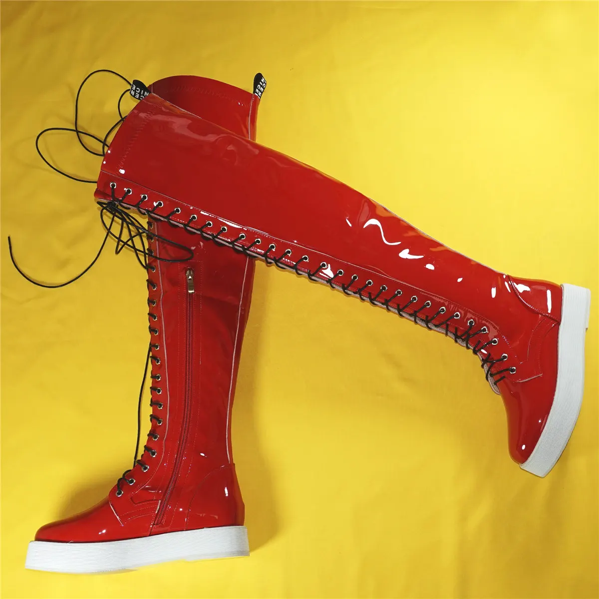 Thigh High Platform Pumps Women Lace Up Patent Leather Over The Knee High Boots Female Round Toe Fashion Sneakers Casual Shoes