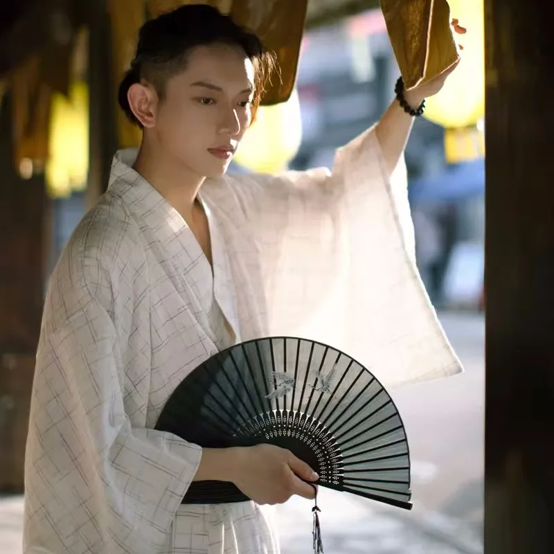 Традиционное японское кимоно для мужчин юката с поясом из хлопка цвет