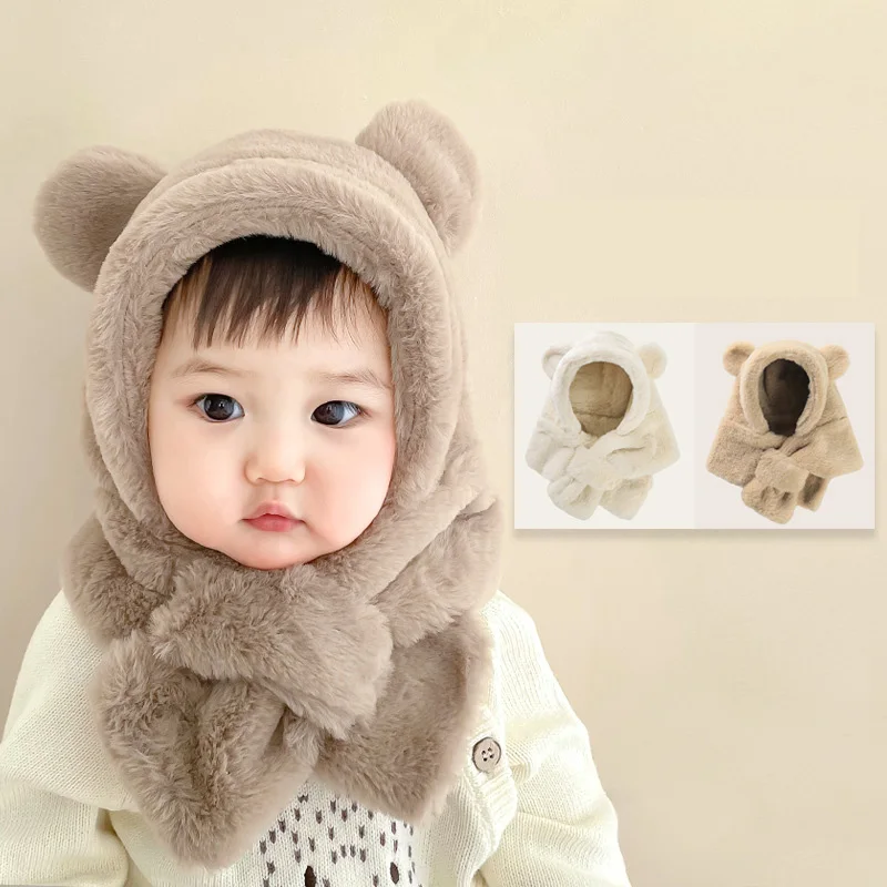 Faux Fur Winter Baby Hat Scarf One-Piece Soft Kids Cap for Girls Boys Cartoon Warmer Neck Ears Baby Bonnet Infant Accessories