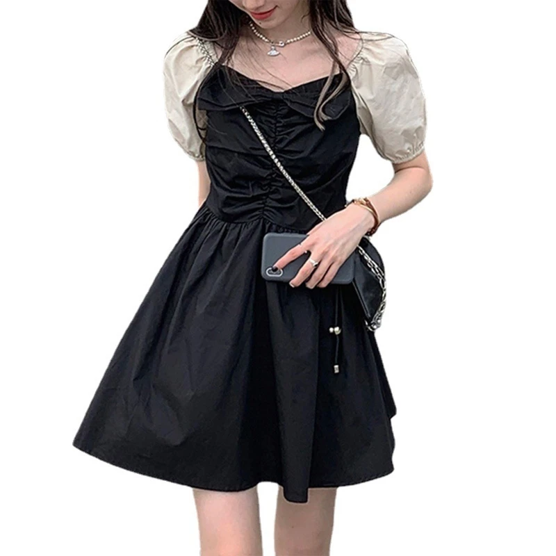 

Women French Style Puff Short Sleeve Mini Flowy Dress Vintage Square Neck Ruched Front High Waist A-Line Flare Sundress