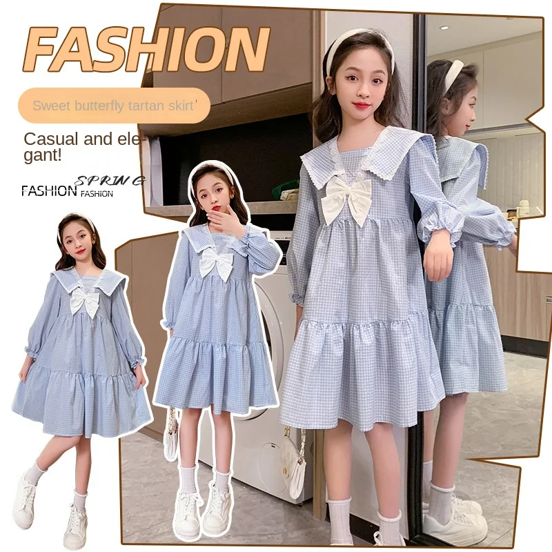 

Spring 2023 new girls' college style bowknot plaid dress girls' fresh dress