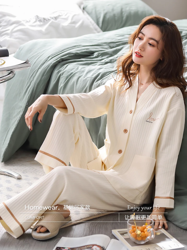 Spring and Autumn Pajama Set for Women's, Cotton Long-sleeved Cardigan, Sweet and Lovely Sleepwear,Homewear Can Be Worn Outside