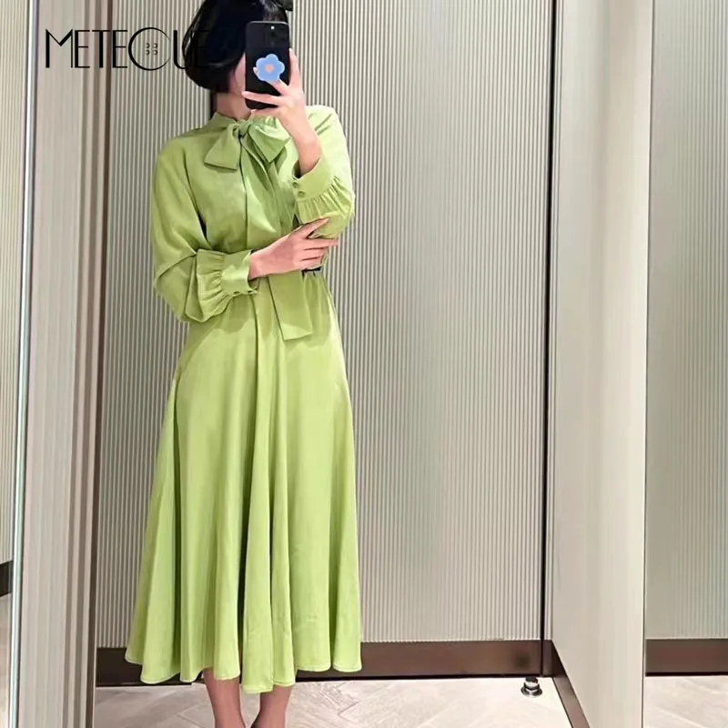 

100% Silk Women Dress with Bow Tie Collar 2023 New Fashion Spring Summer Long Sleeve Women Midi Dress