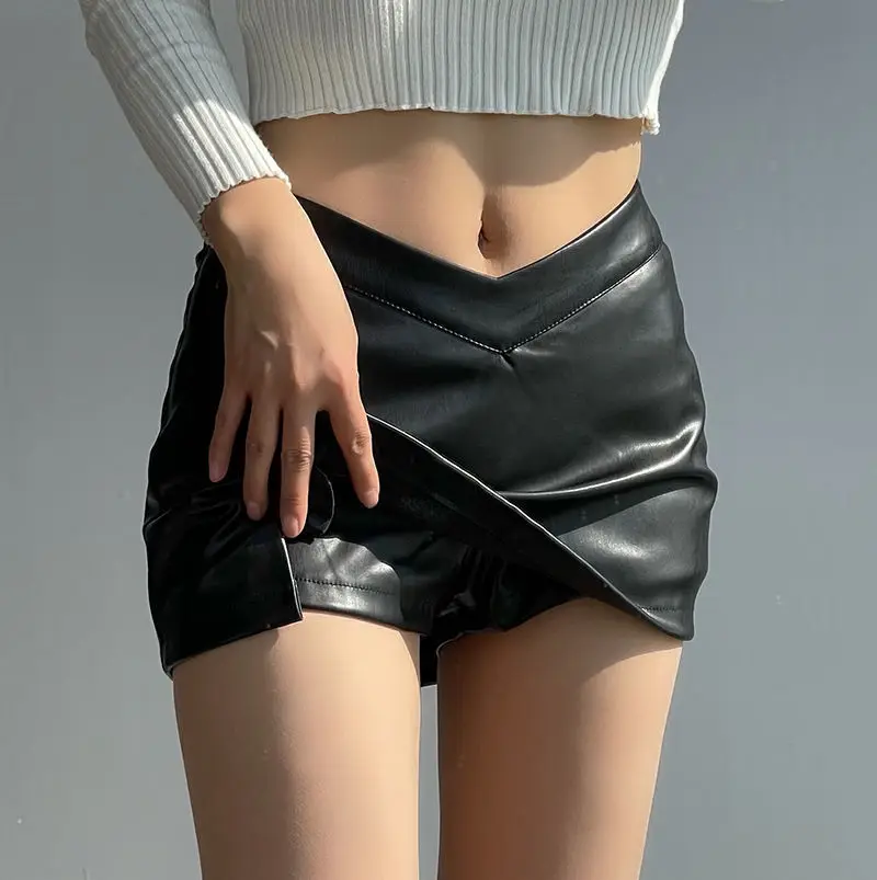 

New 2023 Winter Women's Faux Leather Low Waisted V Mini Skirt Pu Split Bodycon Short Skirts with Slit