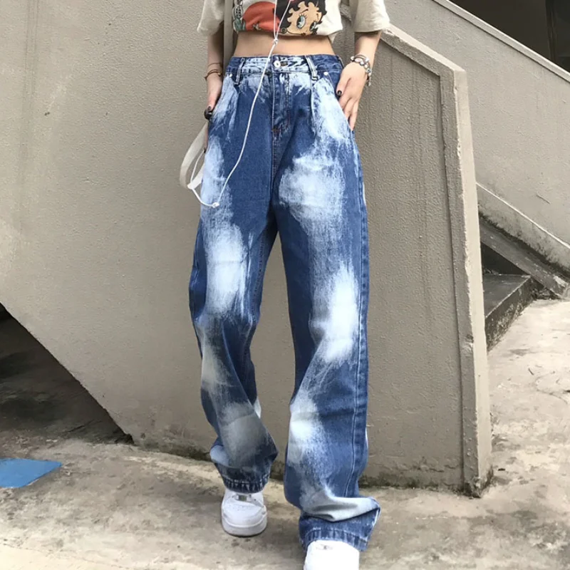 

Женские джинсы с завышенной талией, голубые прямые мешковатые джинсы в уличном стиле 90-х с широкими штанинами, Y2K, 2023