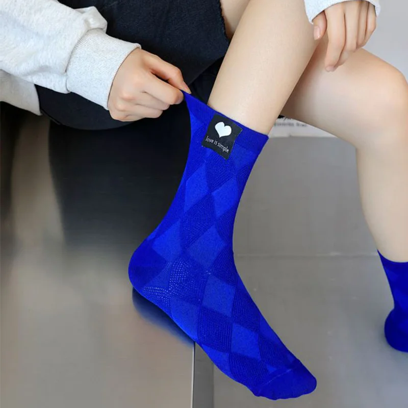 6 Pairs Cloth Label Heart Socks Women Lingge Long Winter Socks Cute Cotton Cycling Socks Kawaii Fashion Street Japanese Style