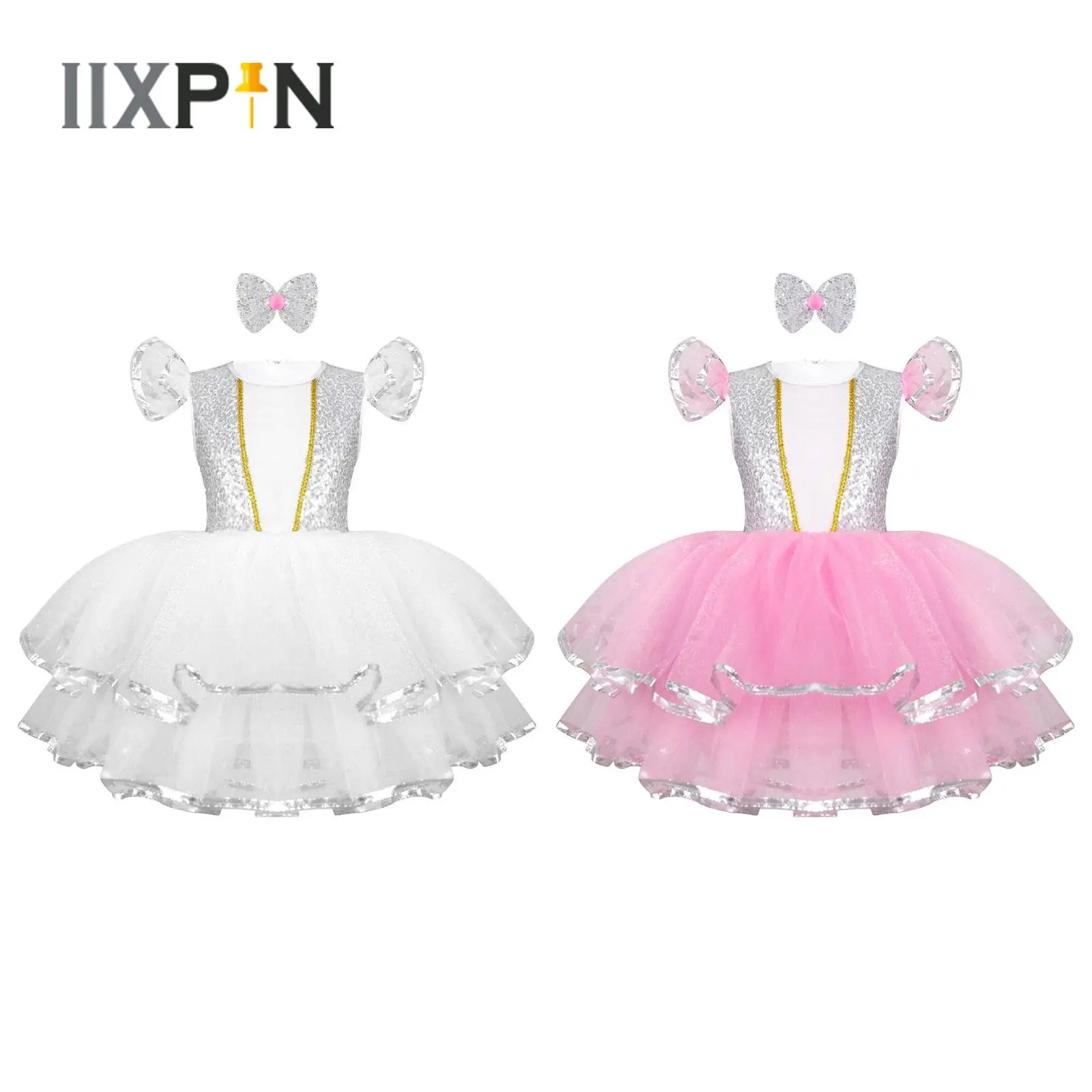 

Kids Girls Sequins Tutu Dress Formal Wedding Birthday Party Princess Dresses Ruffle Sleeve Organza Dresses+Bowknot Hair Clip Set