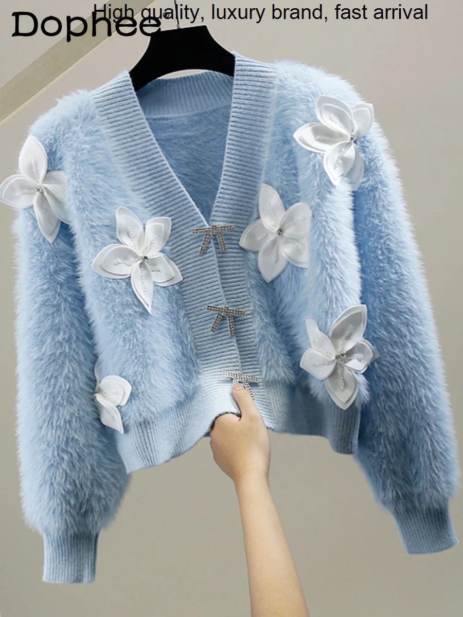 

Женский Теплый вязаный кардиган, элегантный короткий норковый свитер с объемными бусинами и V-образным вырезом, подходящий ко всему Топ