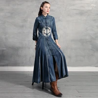 2021 autumn new chinese style improved chinese cheongsam denim skirt retro slim embroidered big swing dress
