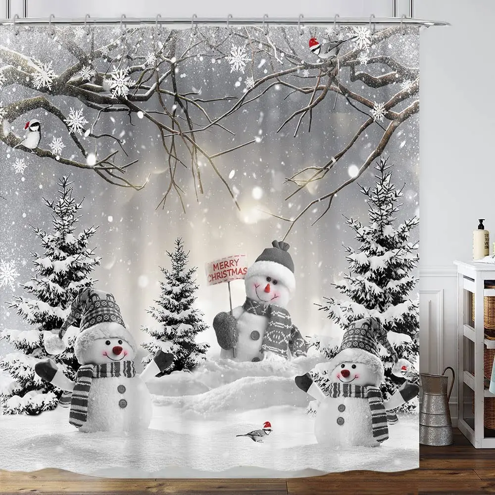 

Christmas Shower Curtain Santa Claus Snowflake Snowman Pine Tree Winter Forest Natural Scenery Xmas Bathroom Decor Bath Curtains