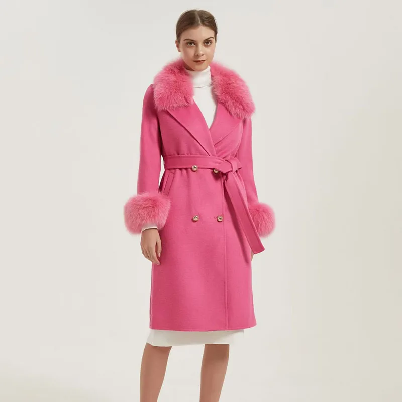 

Wool Coat Women Luxury 2022 With Fox Fur Collar Double sided Long Wool Blended Jacket With Fox Fur Cuff High Quality Outwear