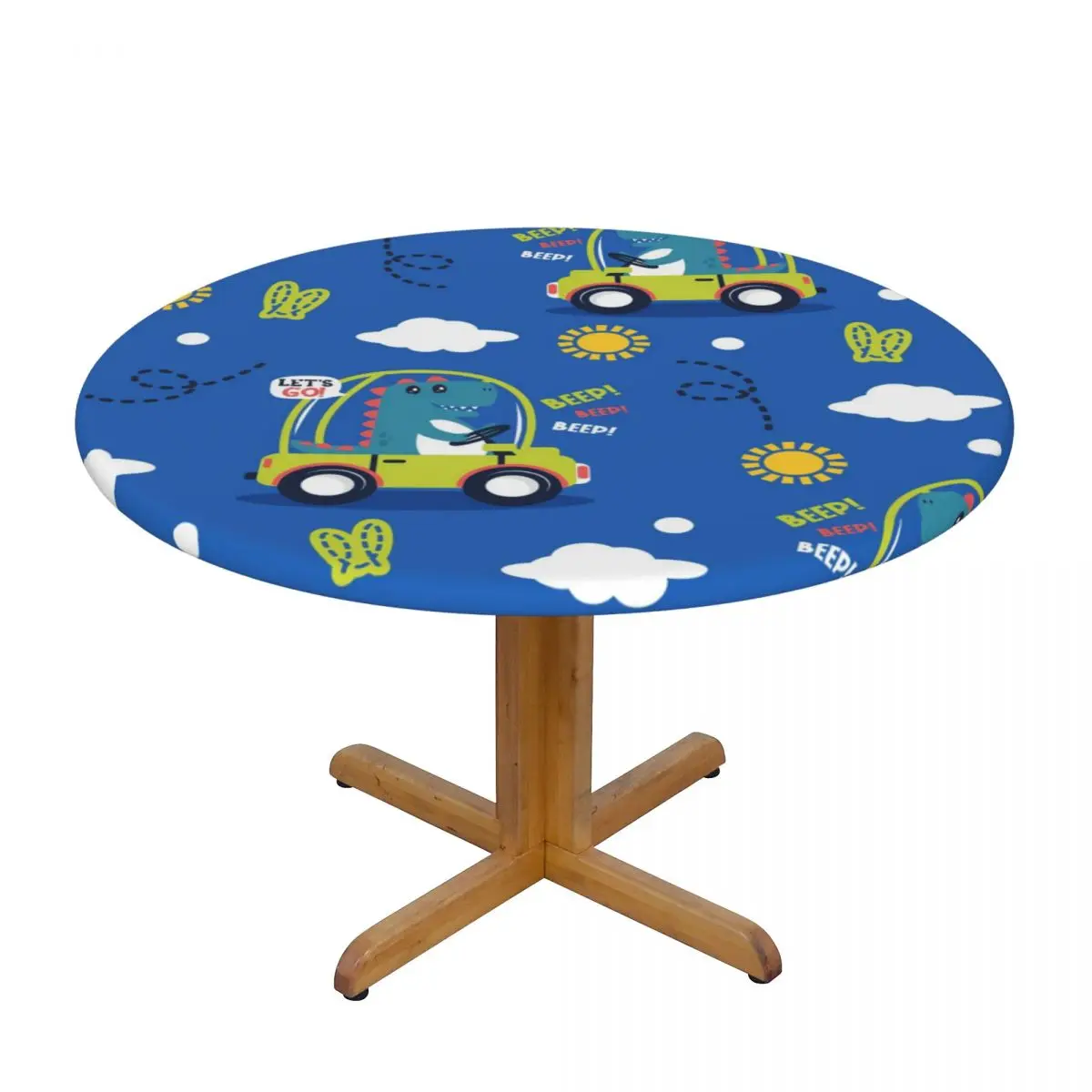 

Round Table Cover for Dining Table Elastic Tablecloth Cute Dinosaur In Car Cartoon Fitted House Hotel Decoration