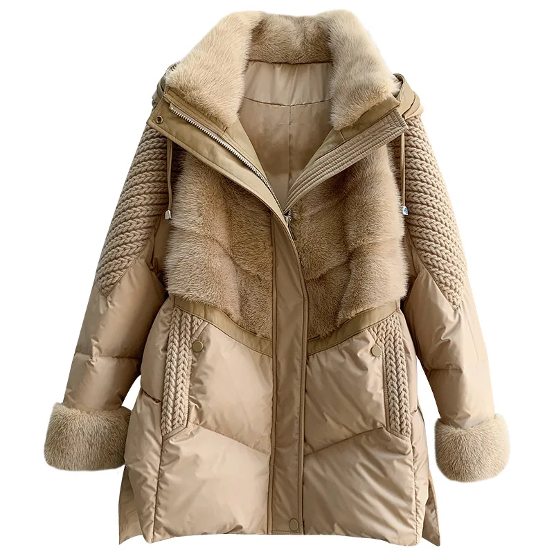 Enlarge Mink fur hooded fur white goose down down jacket for women's high-end fashion medium long thickened thermal coat