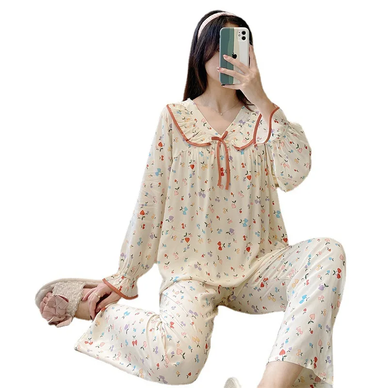 2023 Spring and Summer New Pajamas Women's Long-sleeved Trousers Cotton Silk Suit Petal V-neck Quality Home Service