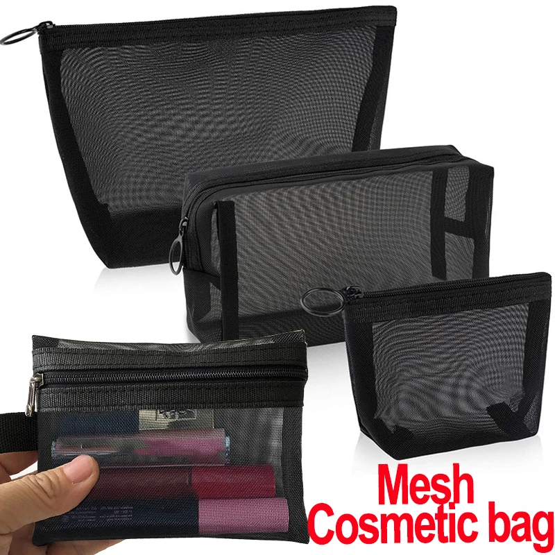 

4 Style Transparent Mesh Makeup Bags Women Balck Cosmetics Case Cosmetic Brushes Tools Storage Bag Travel Organizer Pouch S M L