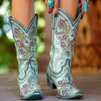 embroidery mid calf women cowboy boots 2022 new chunky heels pointed toe western boots fashion slip on wedge boots female shoes