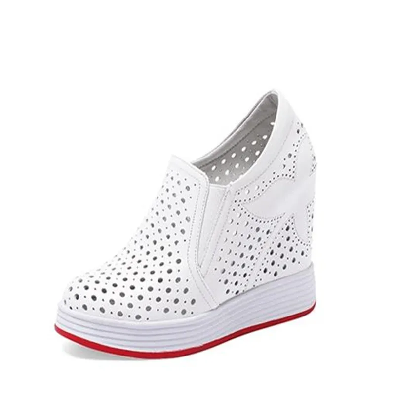 

Summer Leather Women's Shoes with Breathable Hollow Out Small White Wedge Heels Casual Shoes Tenis Feminino Zapatos Mujer