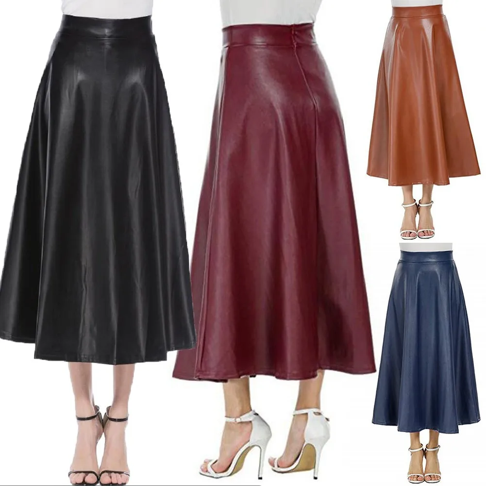 Fashion Women Solid Color Faux Leather High Waist Zipper Large Swing Long Skirt