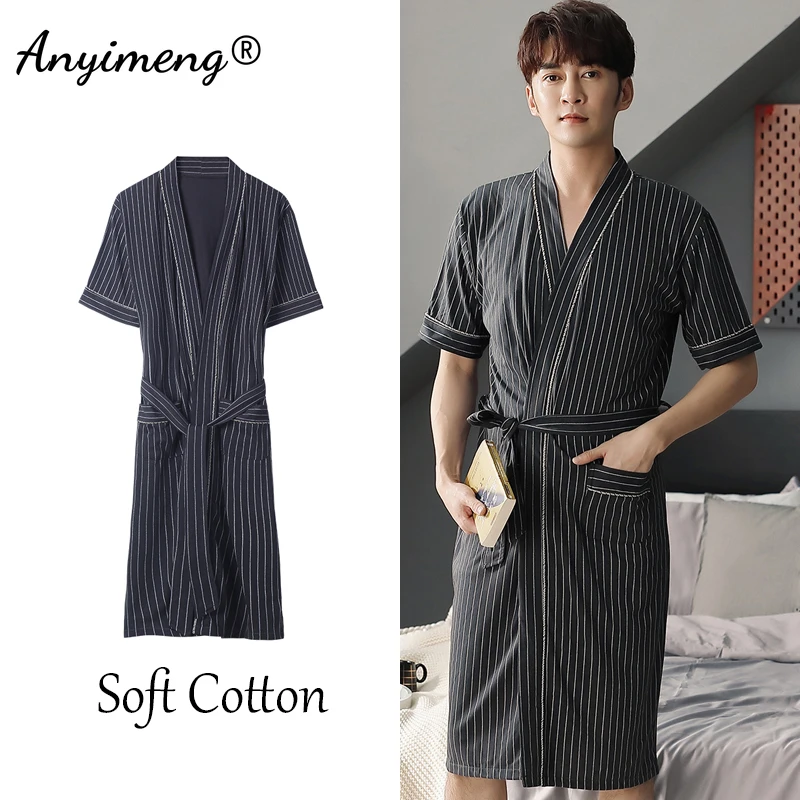 Bata Kimono de manga corta para hombre, ropa de dormir de algodón suave, bata de baño de lujo a rayas, a la moda, novedad de verano, 2022