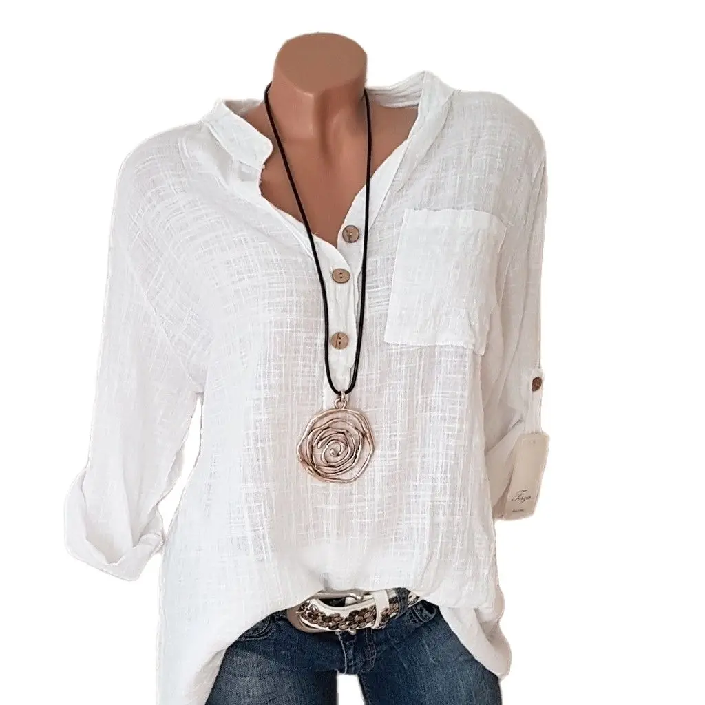 

Cotton women's shirt 2023 spring and summer loose women's Blouse top casual v-neck women's long-sleeved shirt