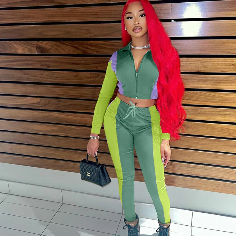 

Block Color Patchwork Casual Tracksuit Women Two Piece Set Sporty Fitness Long Sleeve Cropped Jacket Top and Pants Sport Suit