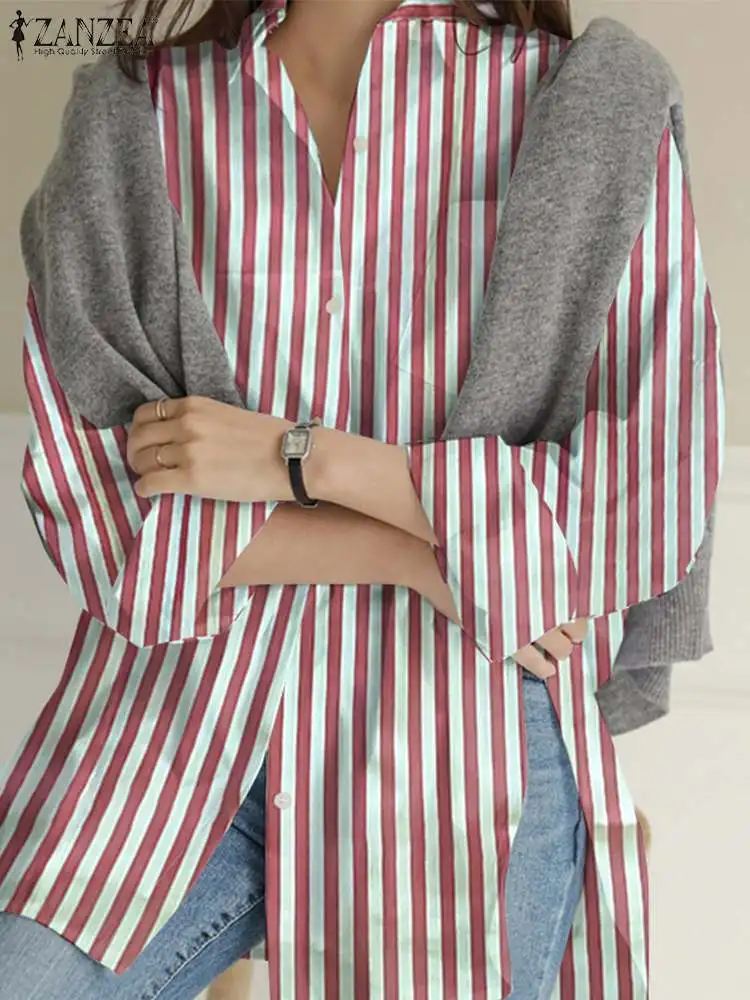 

Office Lady Striped Printed Camisa Tunic 2022 Spring Long Sleeve Blouse Women Casual Irregular Slit Tops ZANZEA Oversized Shirts