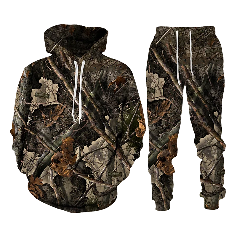 Funny3D Printing Bionic Maple Leaf and Pine Tree Camouflage Unisex Clothing Men's Pullover+Pants Set 2 Piece Casual Men's Hoodie