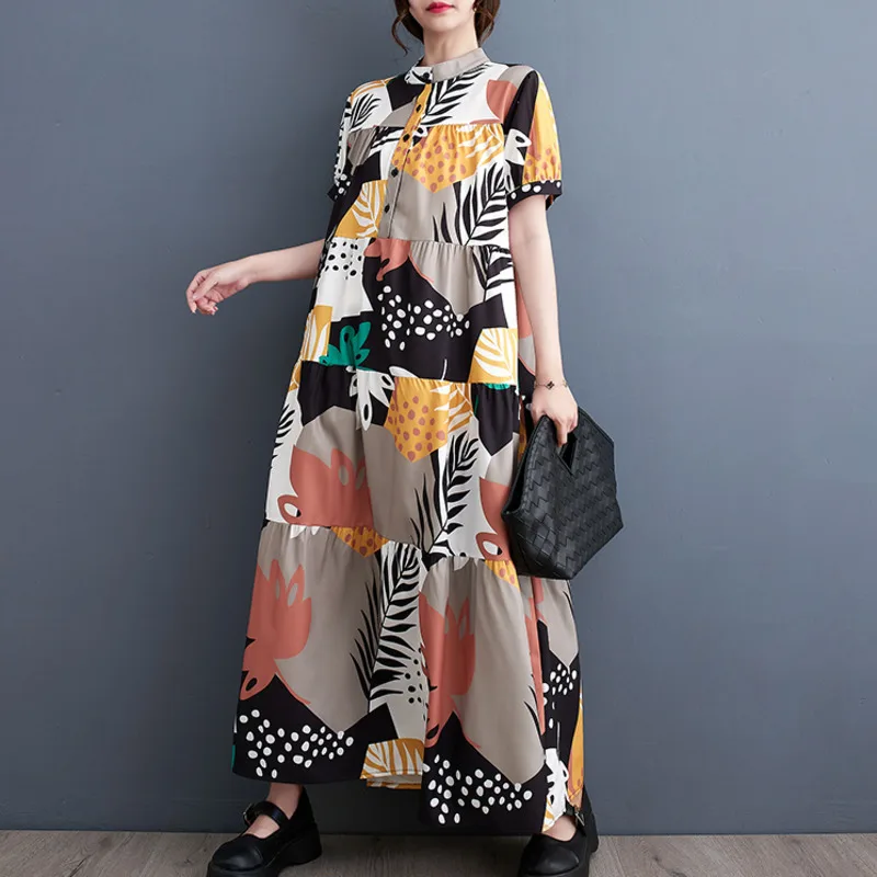 #3291 винтажное платье-рубашка с принтом коротким рукавом свободное разрезом