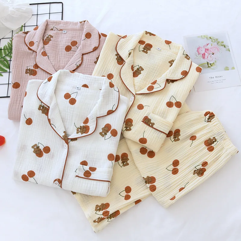 Cartoon Lapel Pajamas Lady Washed Crepe Spring Thin Double Gauze Home Clothes Cotton Suit Two Piece Set Summer  Clothing Women