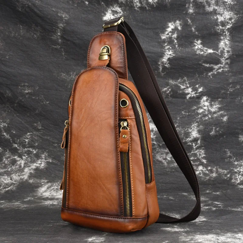Genuine Leather Sling Rucksack Backpack Travel Knapsack Natural Skin High Quality Retro Men Shoulder Cross body Chest Bags