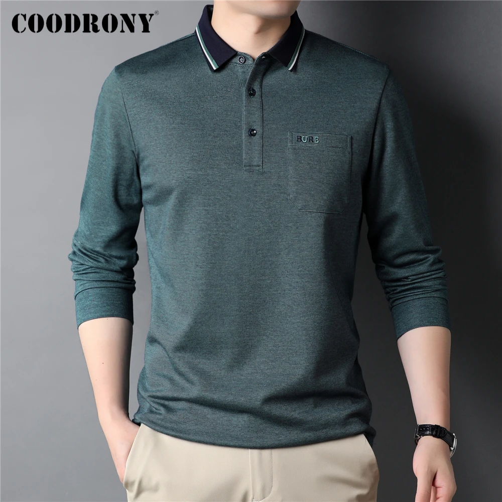 COODRONY Brand New Arrival Solid Color Pocket Long Sleeve Polo-Shirt Men Clothing Cotton Business Casual T-Shirt Homme Top Z5115