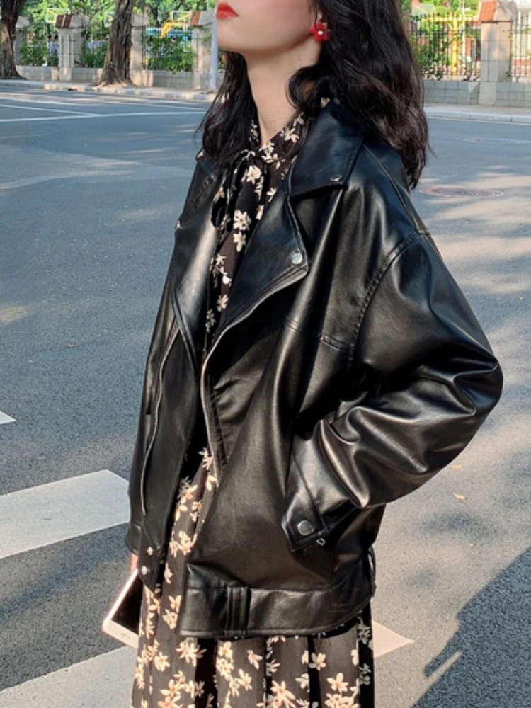 Black Korean Faux Leather Jacket Women Winter Loose Asymmetric Zip Leather Jackets Ladies 2022 Autumn Fashion Outerwear Chic Top