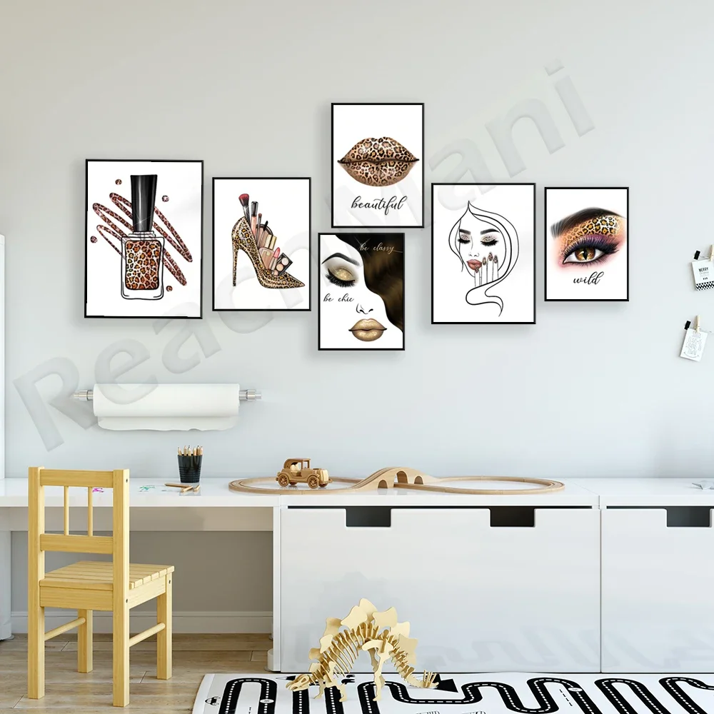 Fashion beauty poster cheetah lips high heels eye makeup shadow nails lipstick mascara wild fashion